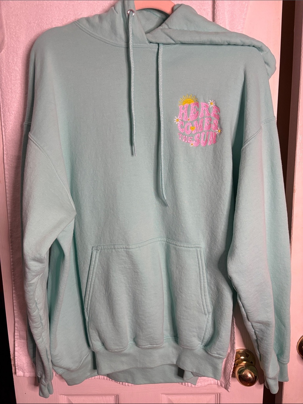 Port and Company Mint Green Hoodie with Pink Sun Graphic